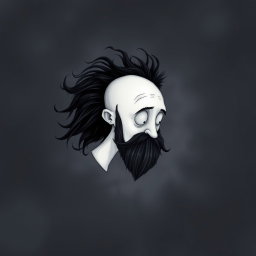 A whimsical and eerie illustration in the signature Tim Burton drawing style, focusing on a pale white bald man with a dark black and gray beard