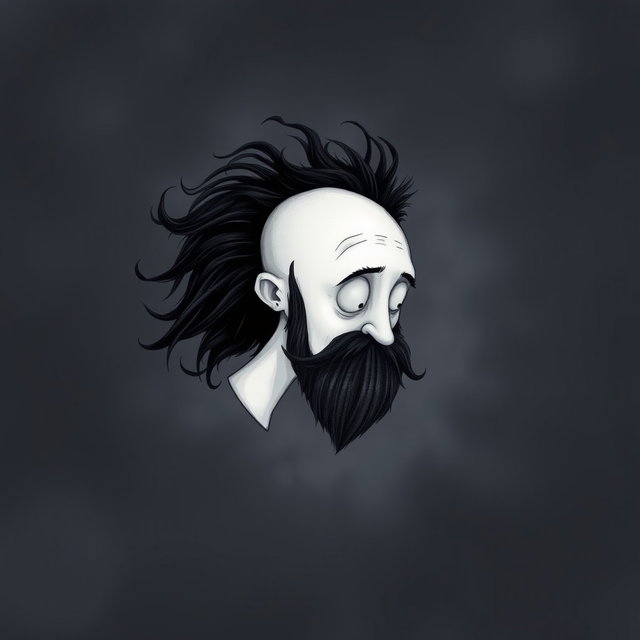 A whimsical and eerie illustration in the signature Tim Burton drawing style, focusing on a pale white bald man with a dark black and gray beard