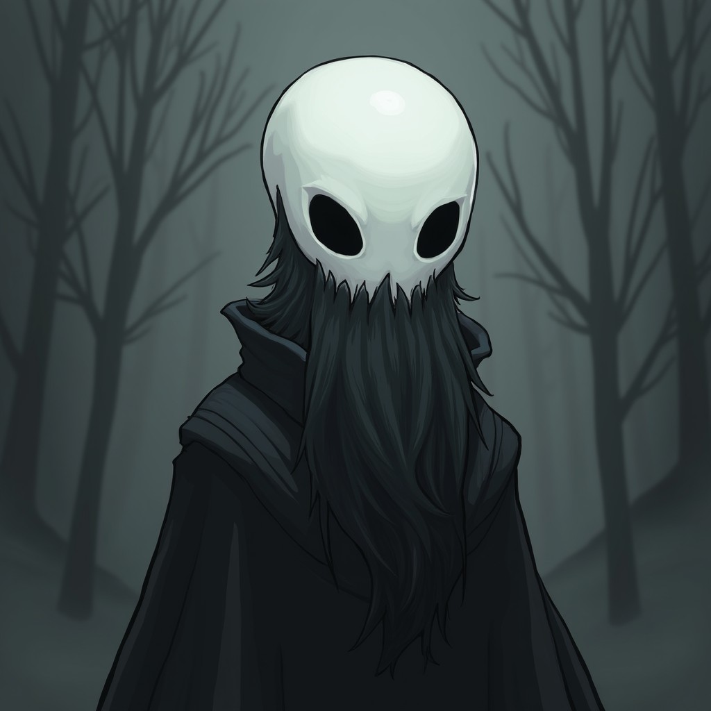 A pale white bald man with a dark black and gray beard, depicted in a Hollow Knight drawing art style
