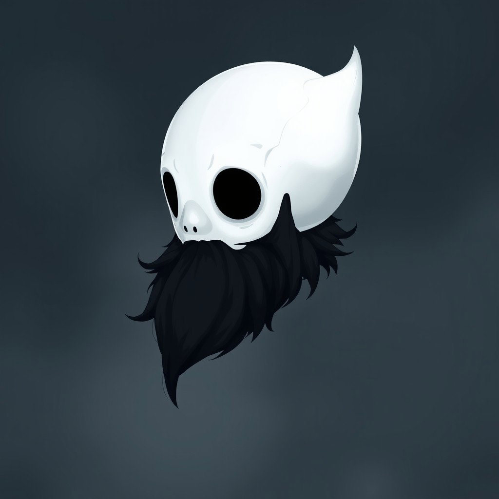 A pale white bald man with a striking dark black and gray beard, illustrated in the enchanting style of Hollow Knight