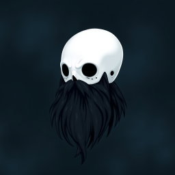 A pale white bald man with a striking dark black and gray beard, illustrated in the enchanting style of Hollow Knight