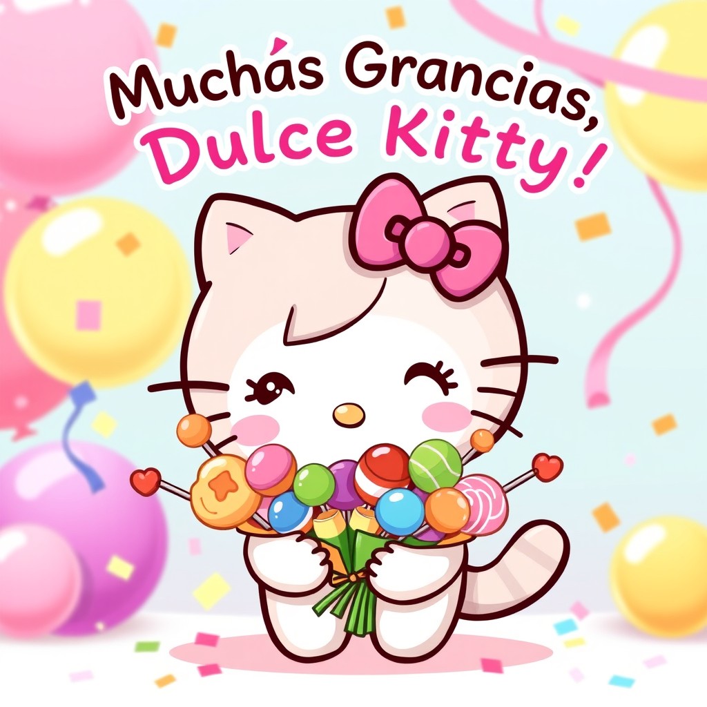 A cute illustration of a cartoon character resembling a fictional cat with a bow, similar to Hello Kitty, holding a colorful bouquet of sweet candies, specifically Bon Bon candies