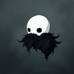 A pale white bald man with a striking dark black and gray beard, illustrated in the enchanting style of Hollow Knight