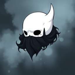 A pale white bald man with a striking dark black and gray beard, illustrated in the enchanting style of Hollow Knight