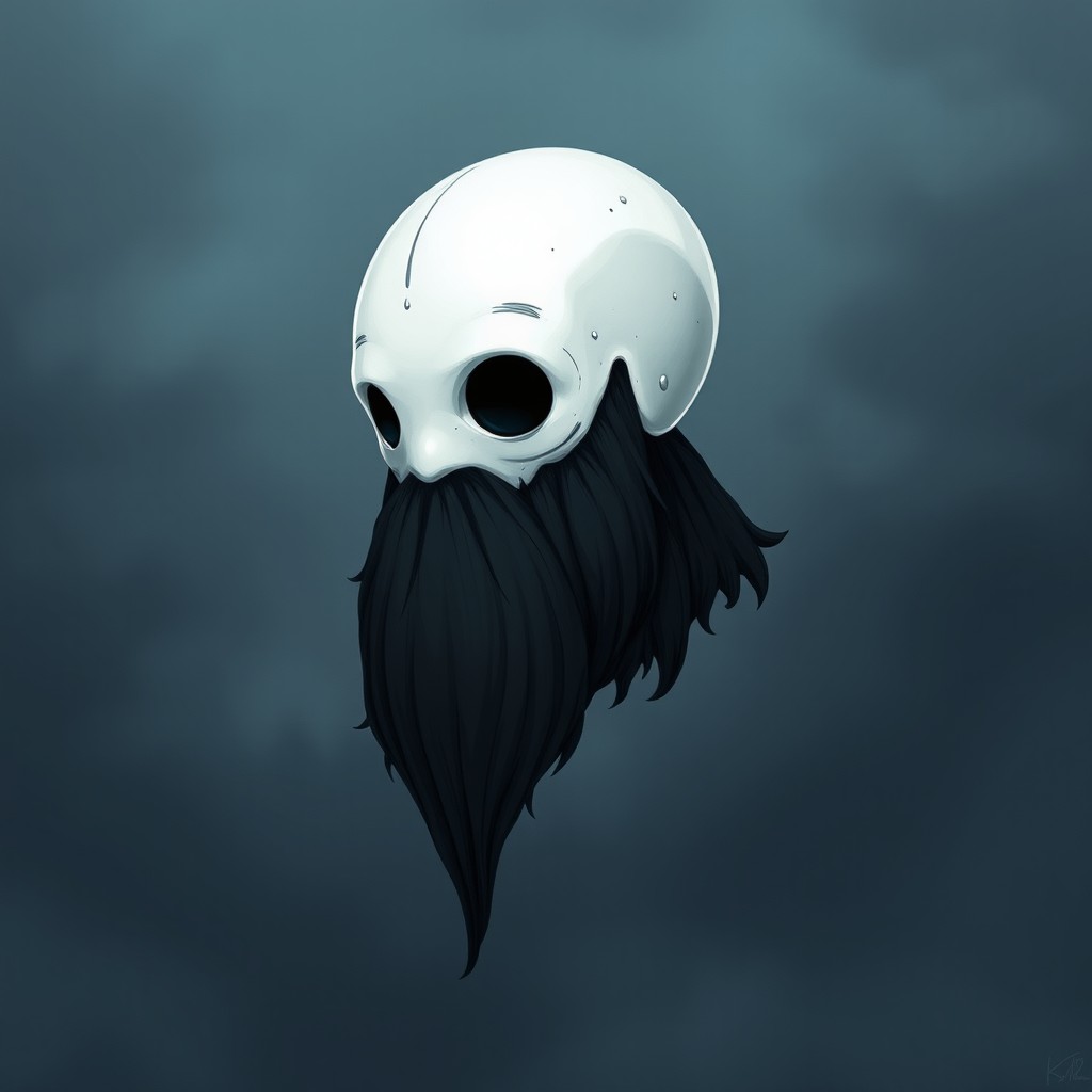 A pale white bald man with a dark black and gray beard, beautifully illustrated in the distinct art style of Hollow Knight