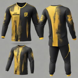 Generate individual images for each of the sleek, full-sleeved e-sports jersey designs from the third picture, all featuring a dominant black colour with vibrant gold detailing.