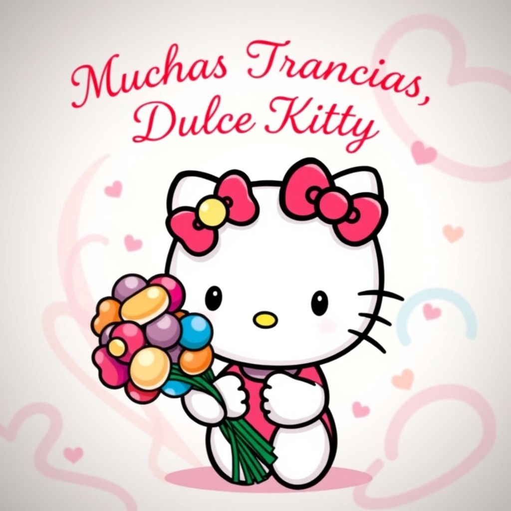 A charming depiction of Hello Kitty from Sanrio, featuring her holding a delightful bouquet of Bon Bon candies