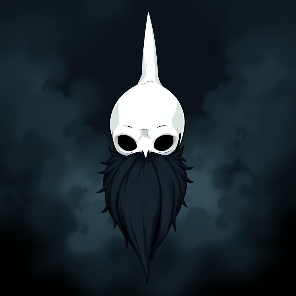 A pale white bald man with a dark black and gray beard, illustrated in the captivating art style of Hollow Knight