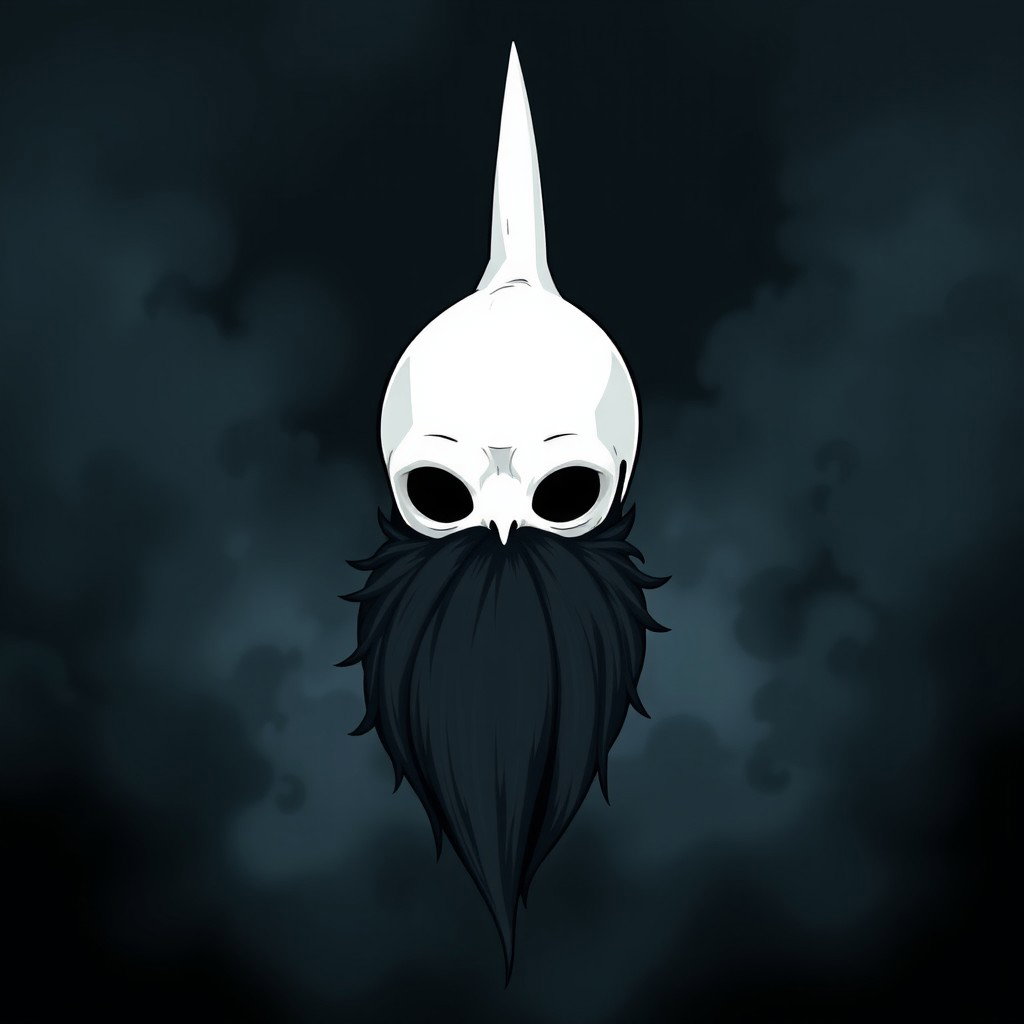 A pale white bald man with a dark black and gray beard, illustrated in the captivating art style of Hollow Knight