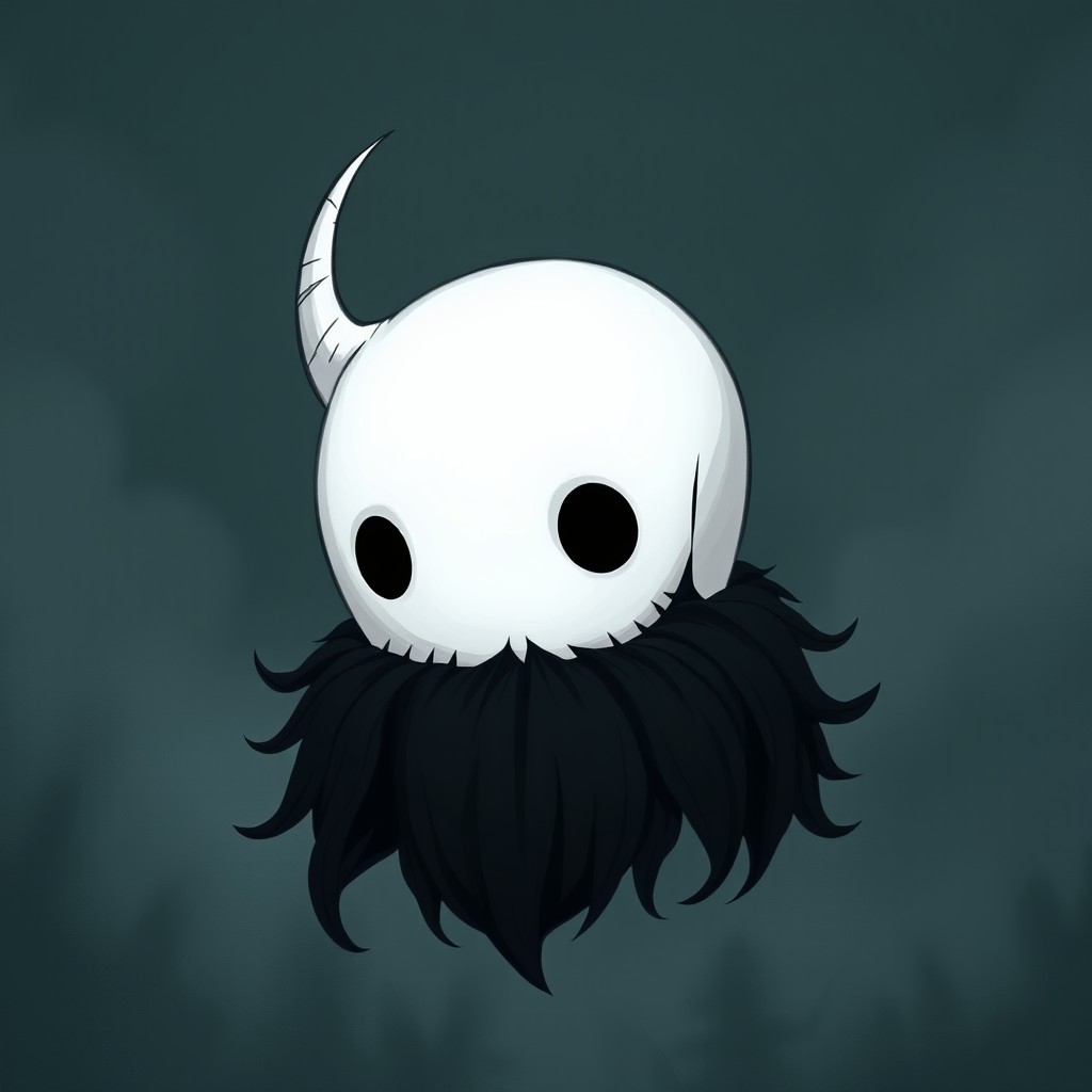 A pale white bald man adorned with a dark black and gray beard, crafted in the distinctive art style of Hollow Knight