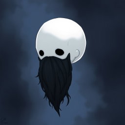 A pale white bald man with a dark black and gray beard, depicted in the unique art style of Hollow Knight