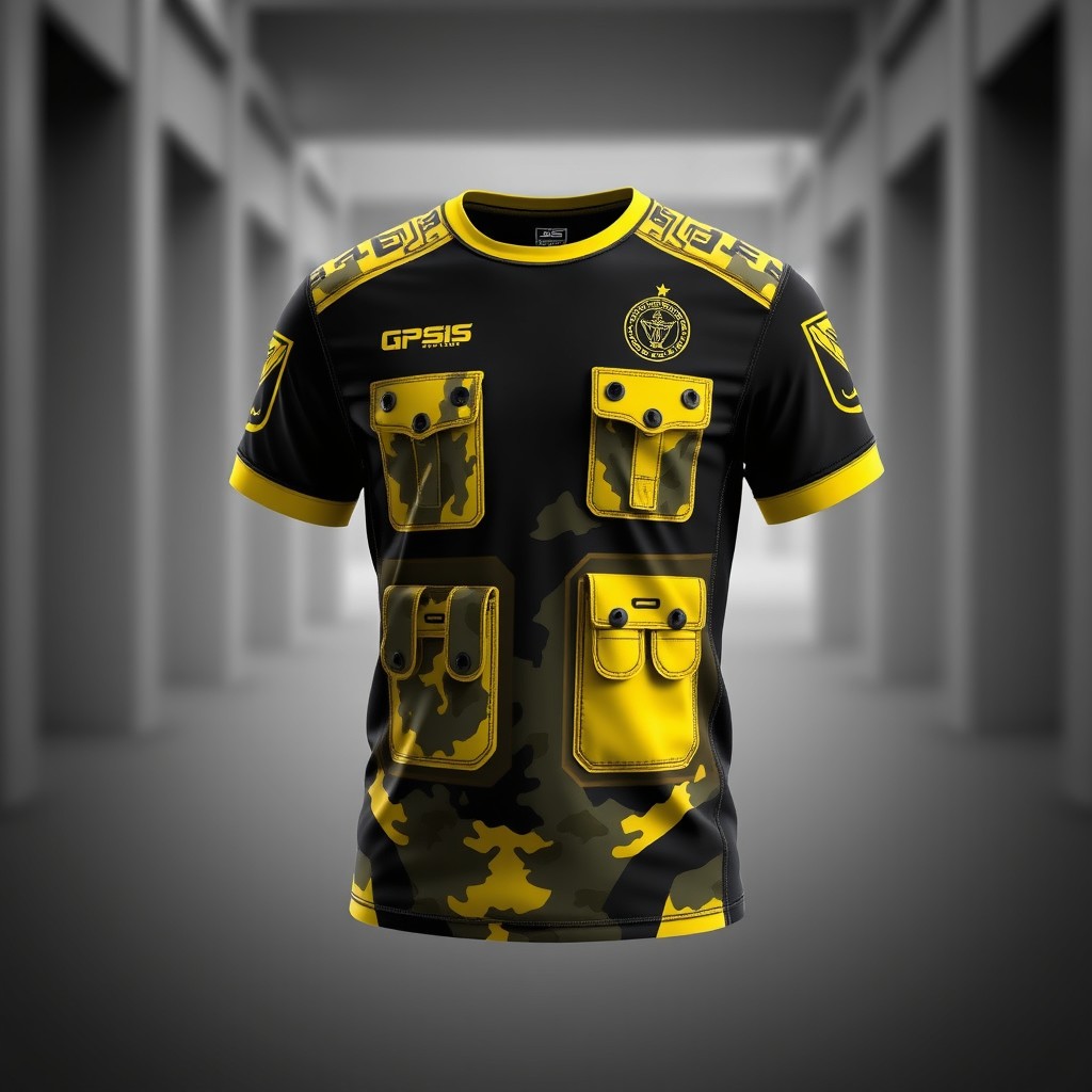 A modern military-style t-shirt featuring a bold design with a dominant color scheme of black and yellow