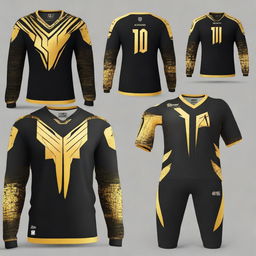 Generate individual images for each of the sleek, full-sleeved e-sports jersey designs from the third picture, all featuring a dominant black colour with vibrant gold detailing.