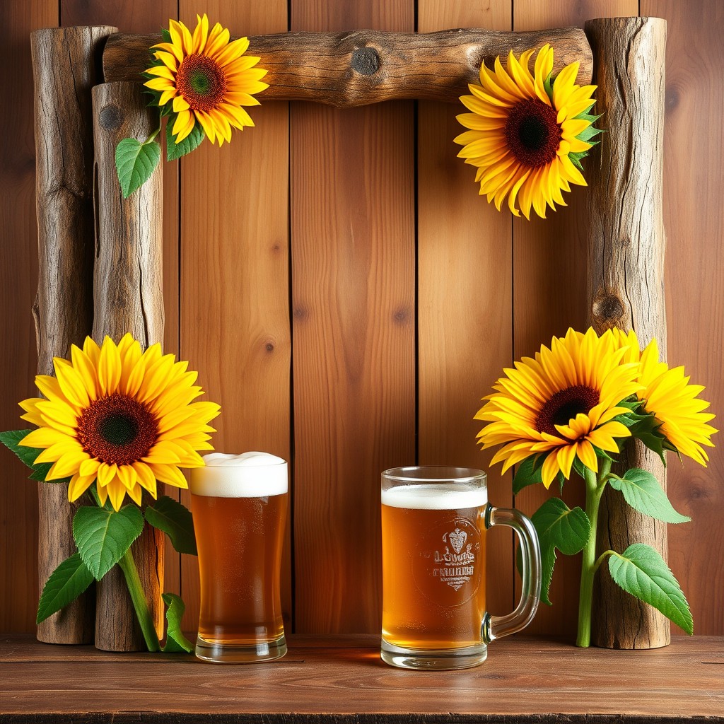 A tall, rustic wooden frame made of logs, adorned with vibrant sunflowers at the corners and glasses of beer elegantly positioned alongside them, creating a warm and inviting atmosphere