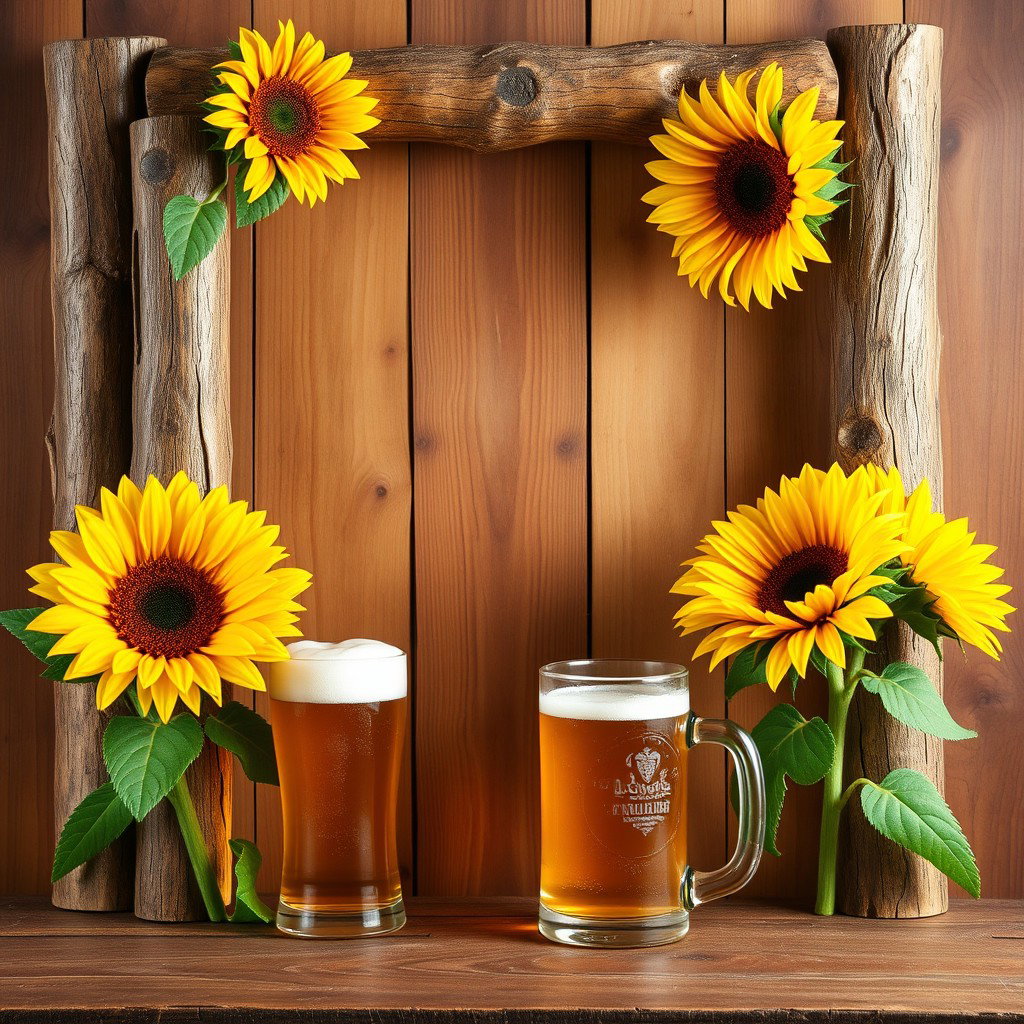A tall, rustic wooden frame made of logs, adorned with vibrant sunflowers at the corners and glasses of beer elegantly positioned alongside them, creating a warm and inviting atmosphere