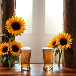 A tall, rustic wooden frame made of logs, adorned with vibrant sunflowers at the corners and glasses of beer elegantly positioned alongside them, creating a warm and inviting atmosphere