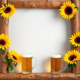 A tall, rustic wooden frame made of logs, adorned with vibrant sunflowers at the corners and glasses of beer elegantly positioned alongside them, creating a warm and inviting atmosphere