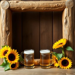 A tall, rustic wooden frame made of logs, adorned with vibrant sunflowers at the corners and glasses of beer elegantly positioned alongside them, creating a warm and inviting atmosphere