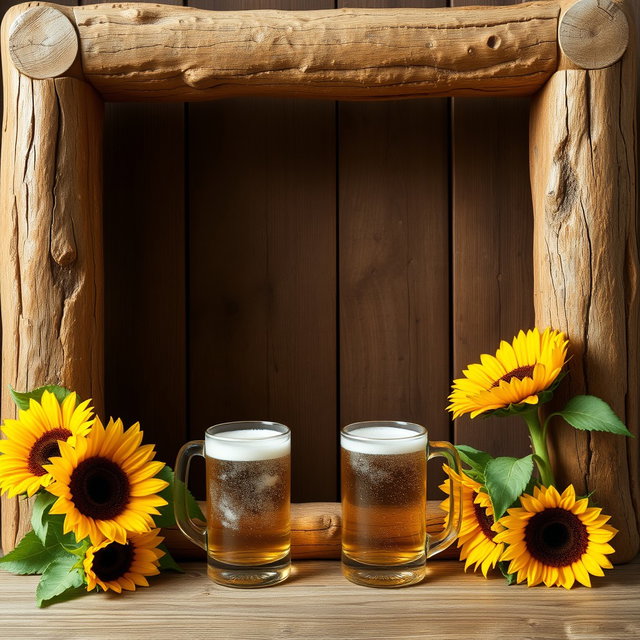 A tall, rustic wooden frame made of logs, adorned with vibrant sunflowers at the corners and glasses of beer elegantly positioned alongside them, creating a warm and inviting atmosphere