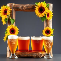 A tall log frame, crafted from natural logs, with vibrant sunflowers blooming at the corners and frosty beer glasses gracefully placed along the edges
