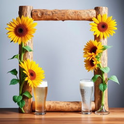 A tall log frame, crafted from natural logs, with vibrant sunflowers blooming at the corners and frosty beer glasses gracefully placed along the edges