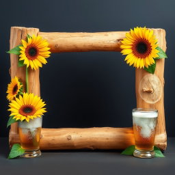 A tall log frame, crafted from natural logs, with vibrant sunflowers blooming at the corners and frosty beer glasses gracefully placed along the edges