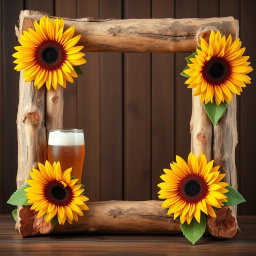 A tall log frame, crafted from natural logs, with vibrant sunflowers blooming at the corners and frosty beer glasses gracefully placed along the edges