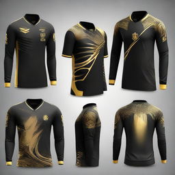 Generate individual images for each of the sleek, full-sleeved e-sports jersey designs from the third picture, all featuring a dominant black colour with vibrant gold detailing.