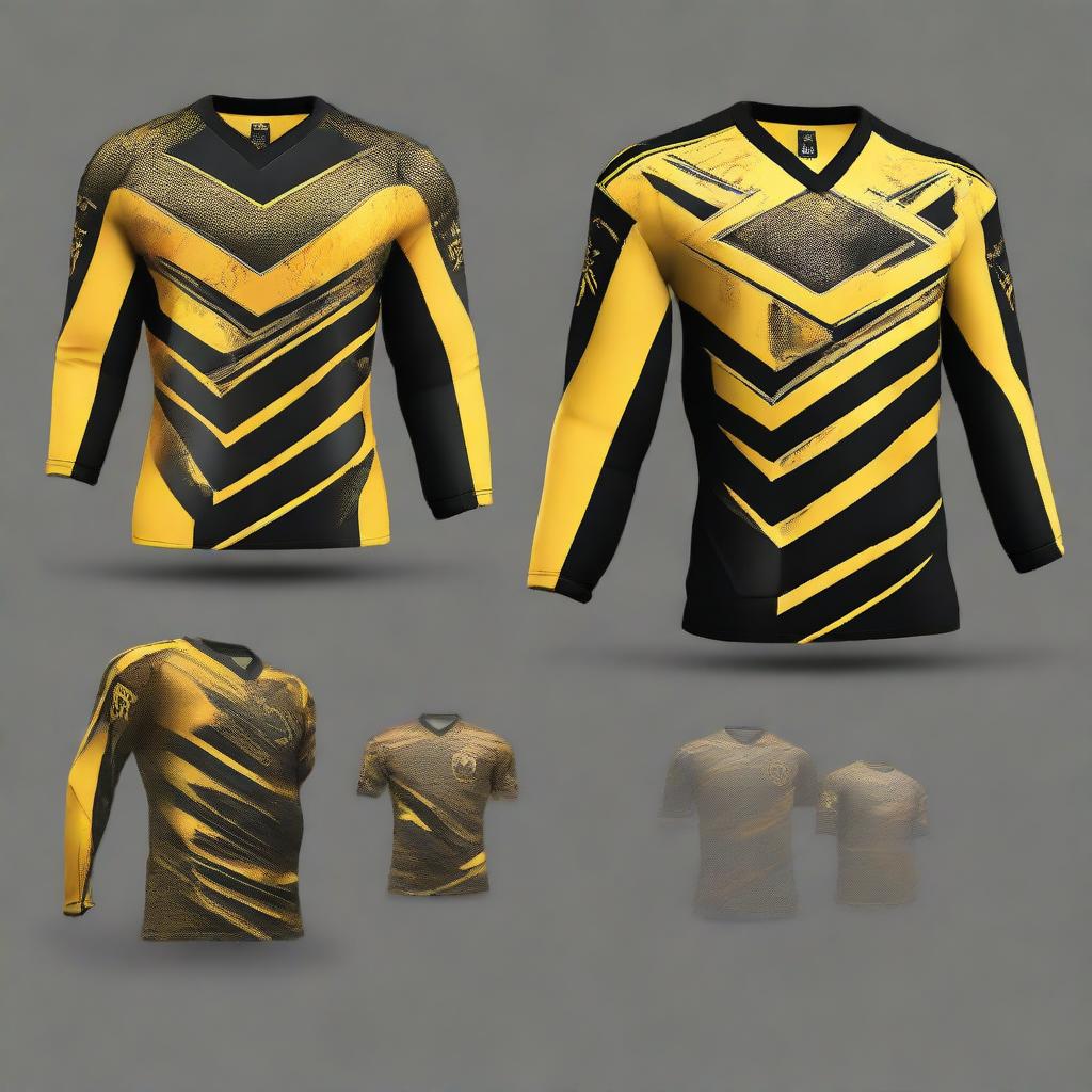 Generate individual images for each of the sleek, full-sleeved e-sports jersey designs from the third picture, all featuring a dominant black colour with vibrant gold detailing.