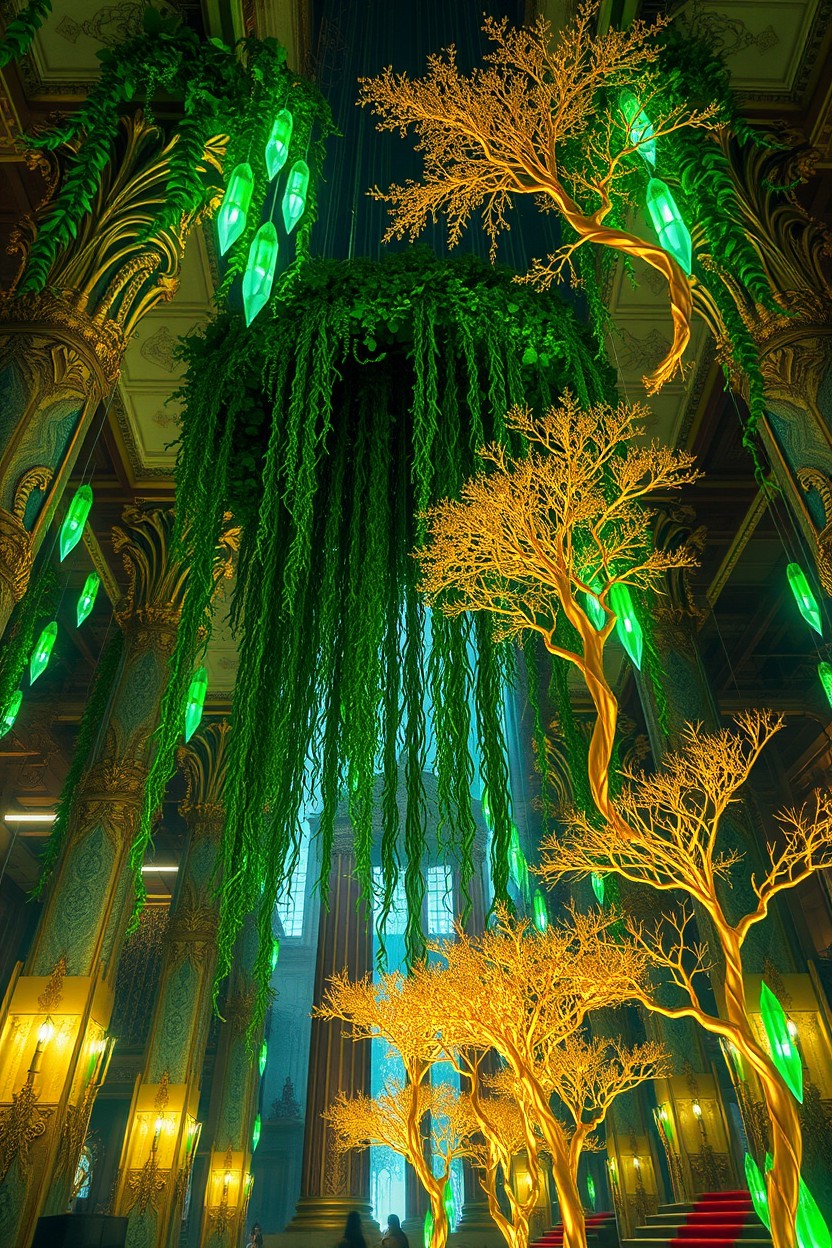 An interior view of a magnificent temple featuring a stunning hanging garden