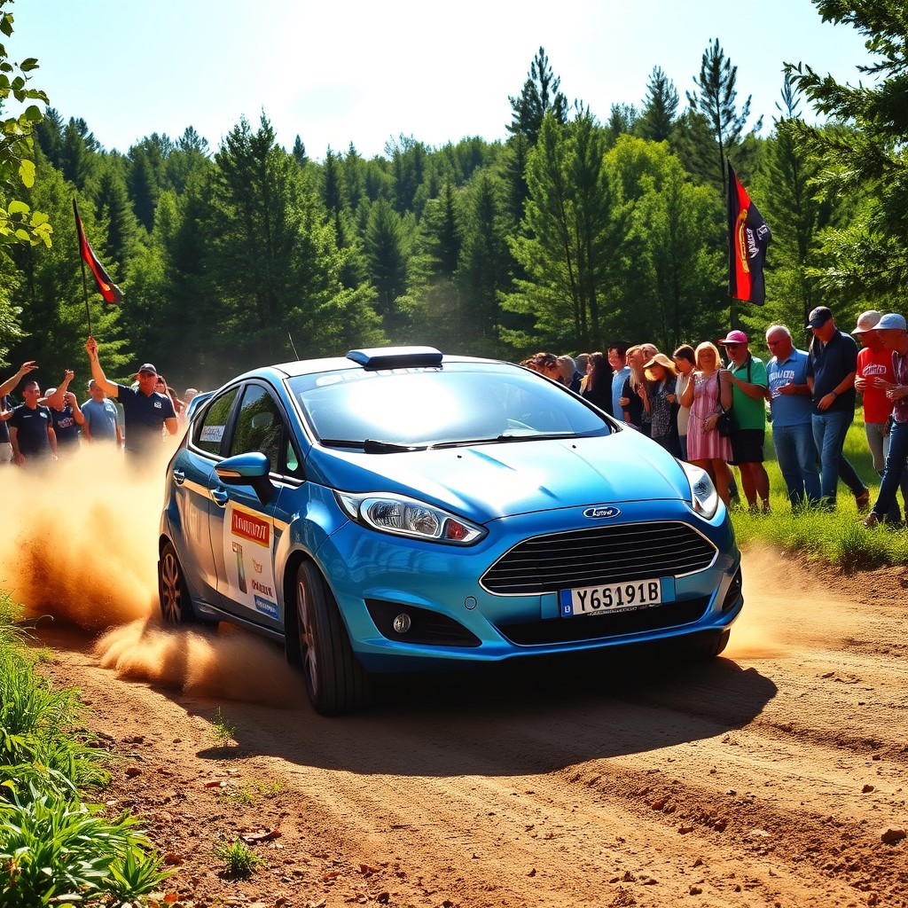 A stunning 2014 Ford Fiesta Titanium racing through a vibrant rally scene