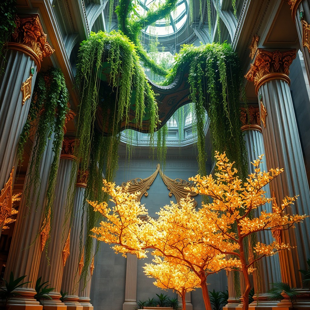 A magnificent interior of a temple showcasing a stunning suspended garden