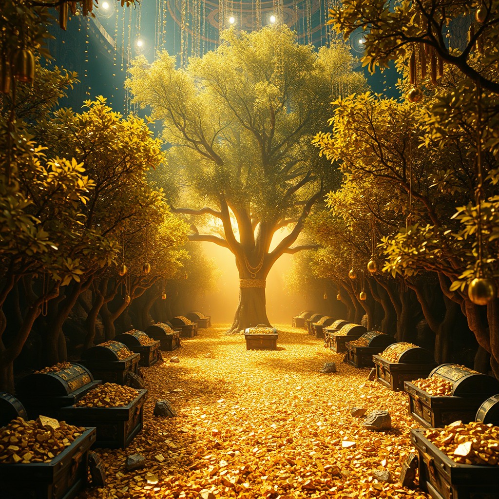 A magnificent inner garden filled with golden trees, treasure chests overflowing with gold and jewels