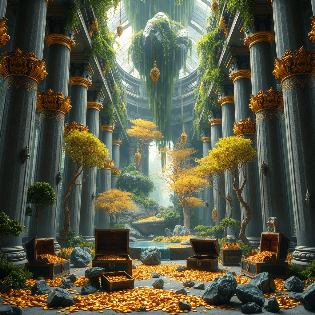A magnificent interior of a temple showcasing a suspended garden, featuring gray columns with golden details and green crystals