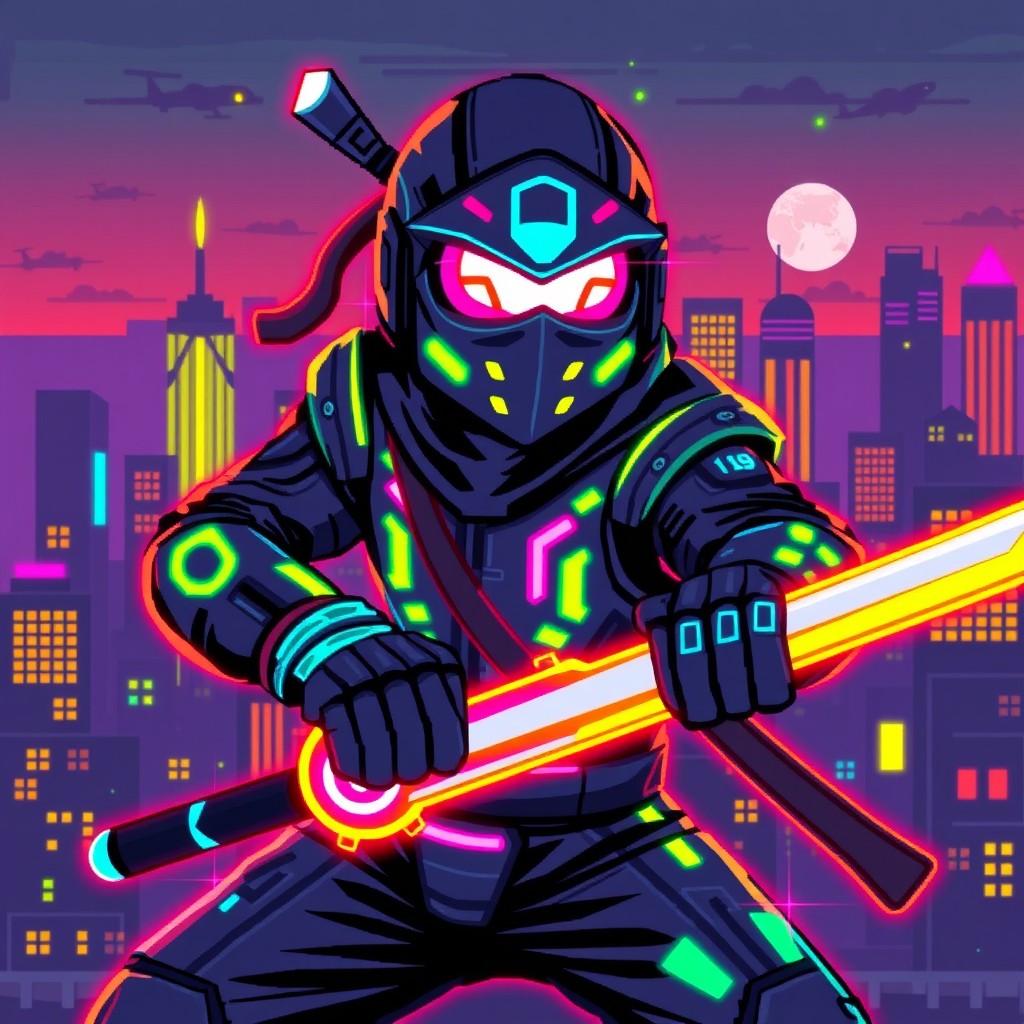A pixel-art depiction of a cyber ninja, featuring vibrant neon colors and futuristic elements