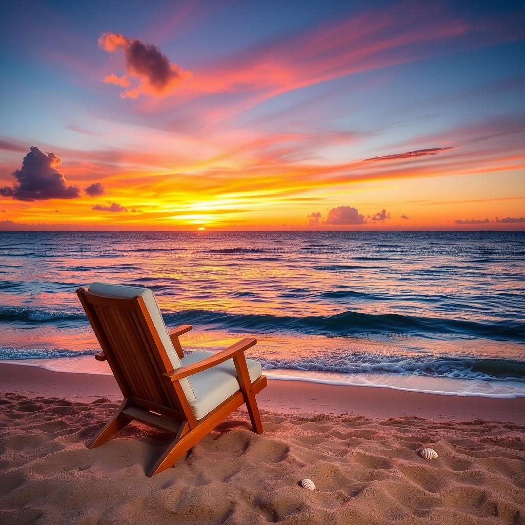 A scenic view of a comfortable chair positioned on a sandy beach, overlooking the vast ocean during a stunning sunset
