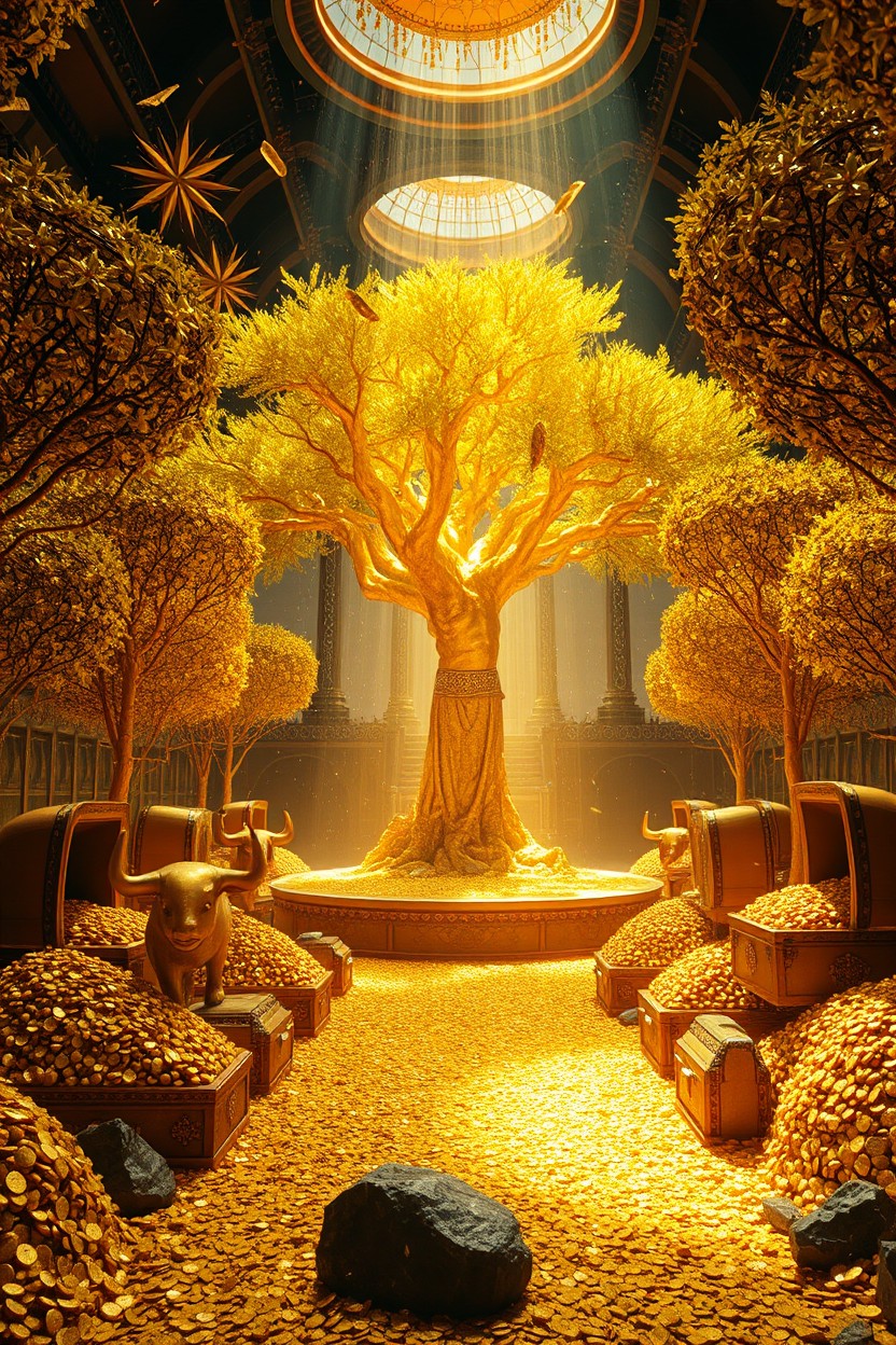 A magnificent indoor garden filled with golden trees, overflowing treasure chests filled with gold and jewels, diamond hills of gold coins, golden statues of bulls and sacred treasure keepers, alongside a central sacred tree adorned with necklaces and golden ornaments
