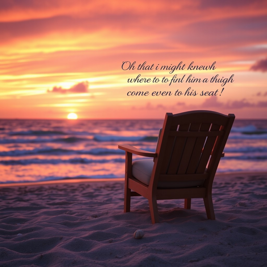 A scenic view of a comfortable chair positioned on a sandy beach, overlooking the vast ocean during a stunning sunset