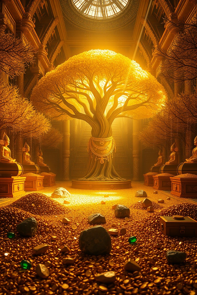 A magnificent internal chamber filled with golden trees, treasure chests overflowing with gold and jewels, sparkling diamonds, emeralds, and mounds of gold coins