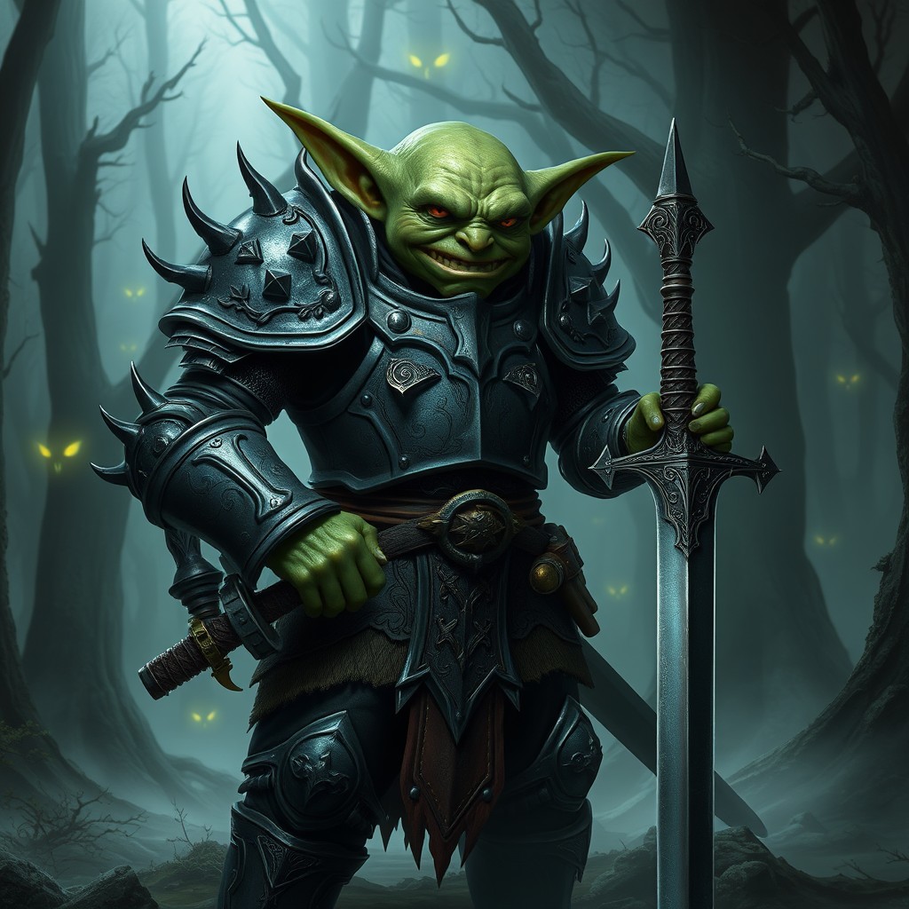 A fierce and armored goblin standing confidently, wearing intricate medieval armor adorned with spikes and engravings