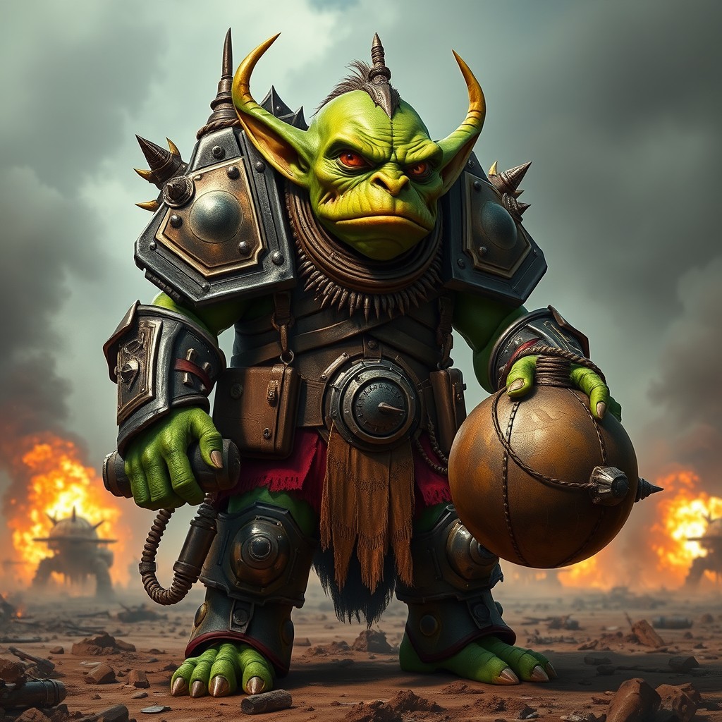 An impressive armored goblin bomber, equipped with a detailed and rugged bomb-dropping apparatus
