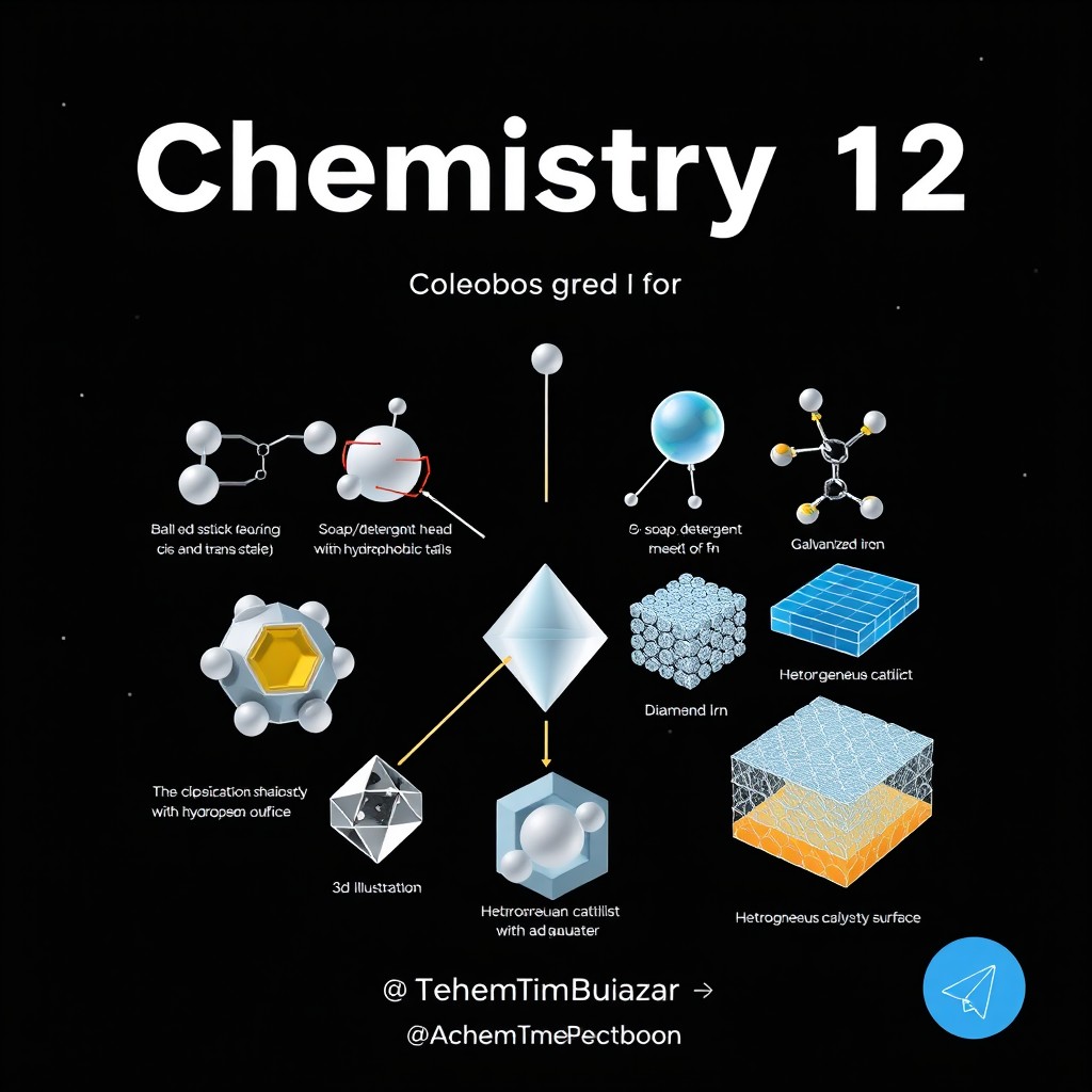 Professional modern chemistry textbook cover, titled "Chemistry 12" in Times New Roman at the top, author "Hadi Buazar" in Times New Roman at the bottom, and Telegram ID "@ChemTimeBuazar" with Telegram icon, all text in Times New Roman