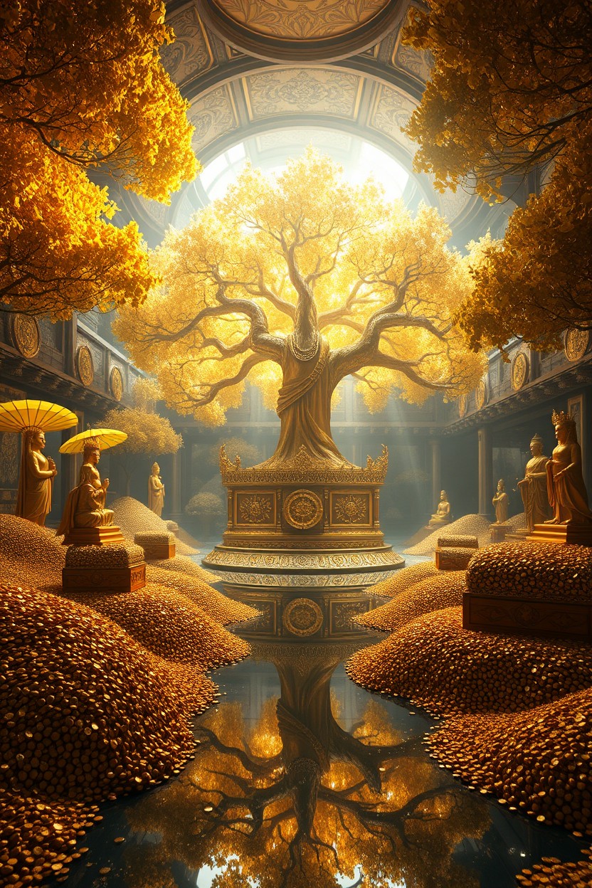 A magnificent internal chamber filled with golden trees, overflowing treasure chests full of gold and jewels, hills made of diamonds and emeralds, hills of gold coins, giant detailed golden statues of sacred treasurers, and a central sacred tree adorned with golden necklaces and ornaments