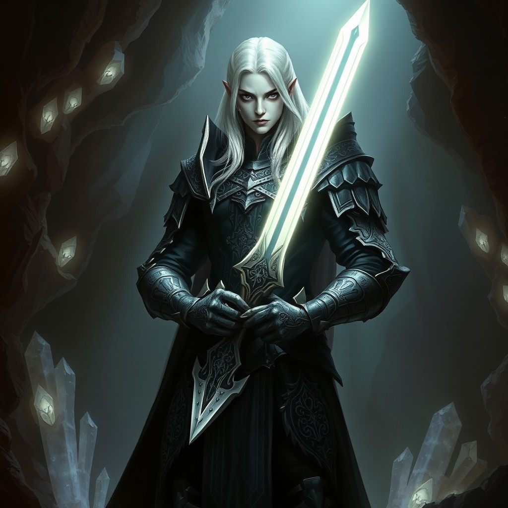 A formidable drow templar, dressed in elaborate black and silver armor adorned with intricate patterns, standing proudly in a dimly lit cavern