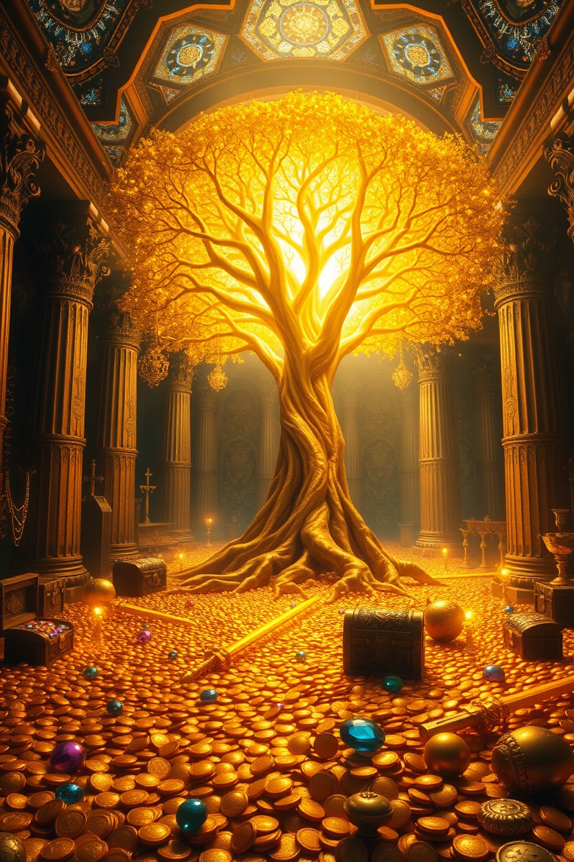 A secret treasure chamber with a colossal golden tree at its center, illuminating the entire hall with a warm, glowing light