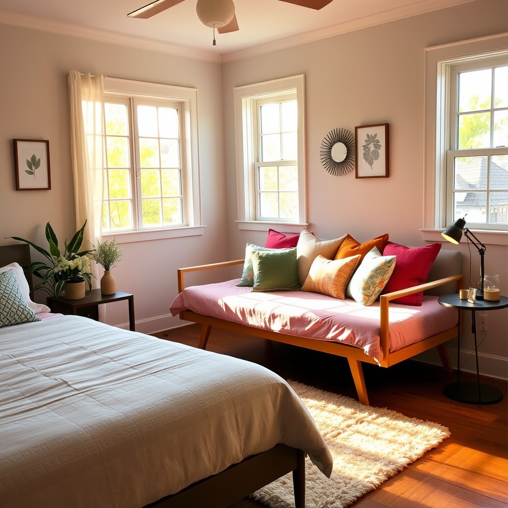 A cozy and inviting bedroom with freshly painted walls in a soft pastel color