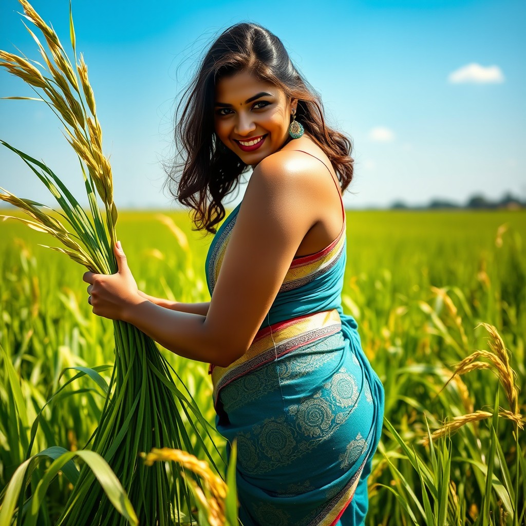 A beautiful Indian woman with a well-defined, curvy figure, harvesting grass in a lush green field