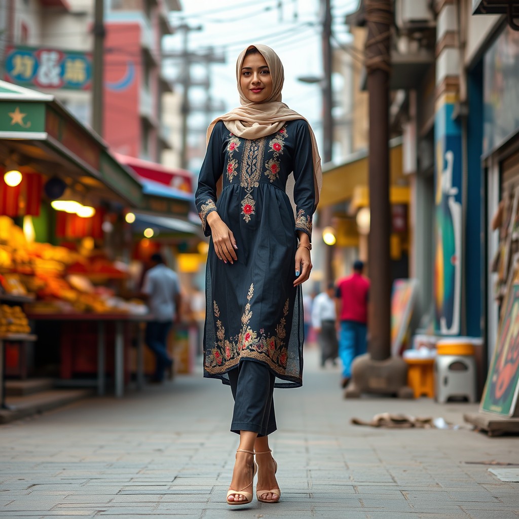 A fashionable Pakistani woman wearing a stylish hijab and elegant heels, standing confidently in a vibrant urban setting