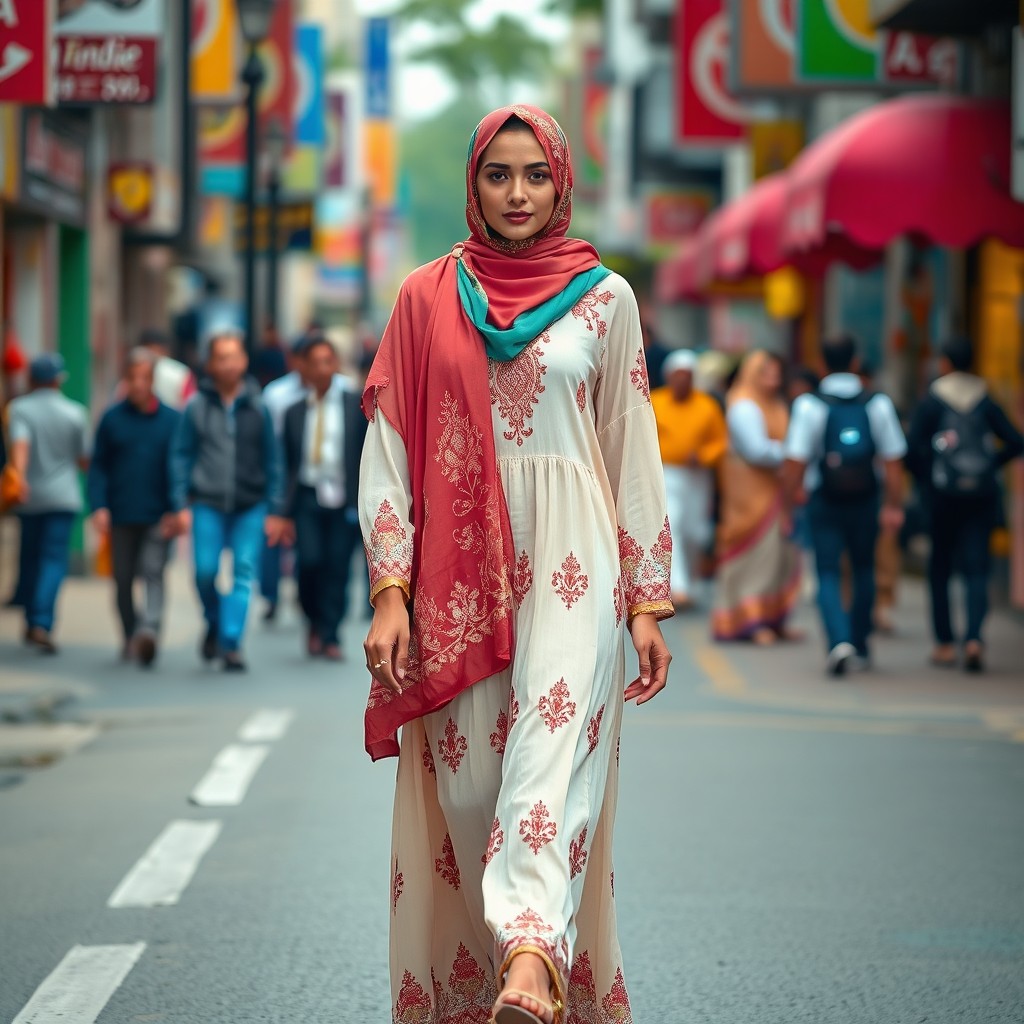A beautiful Pakistani woman wearing a colorful hijab, elegantly styled and adorned with delicate embroidery
