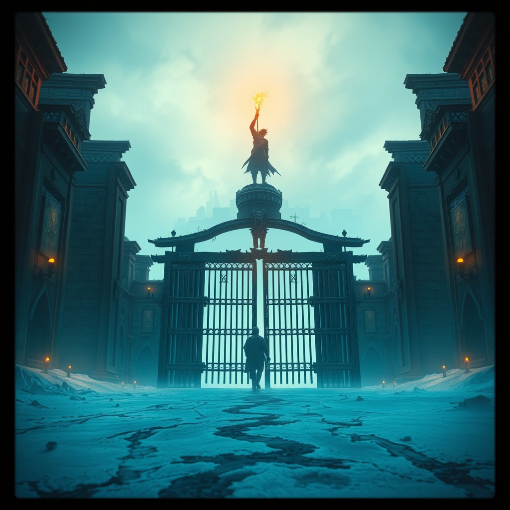 A post-apocalyptic fantasy city in the middle of an icy wasteland